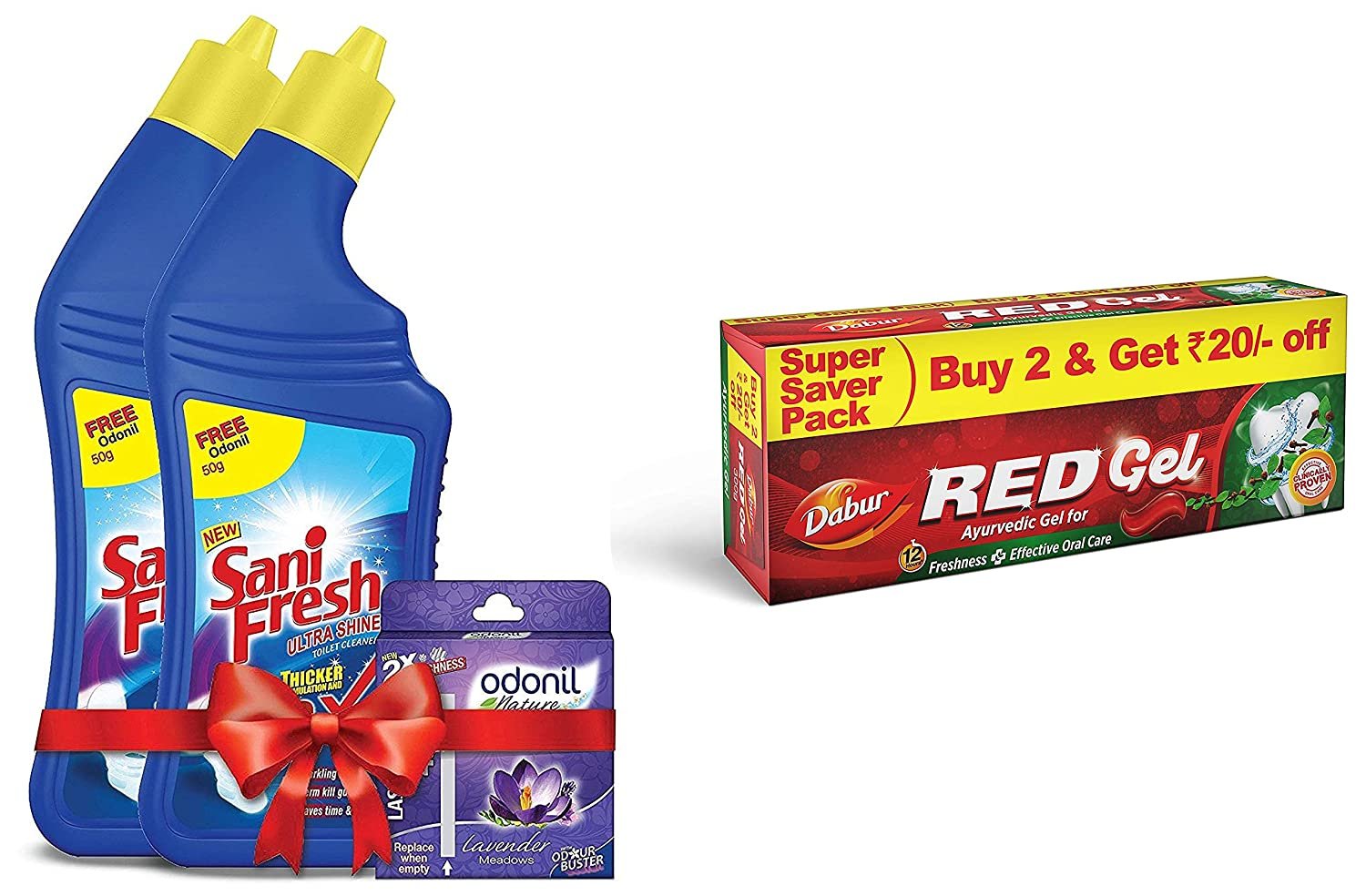 Dabur Red Gel :Ayurvedic Gel for Freshness and Effective Oral Care -150gm (Pack of 2) and Sanifresh Ultrashine 1L, Toilet Cleaner-1.5X Extra Clean with Odonil Room Freshner Blocks 50 g Free